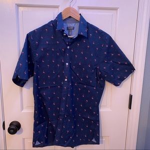 Men's Small Van Heusen Navy Button Down Golf Shirt with Flamingoes
